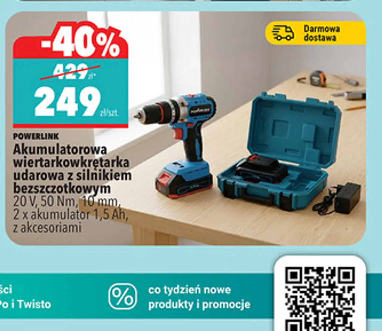 Powerlink Akumulatorowa wiertarkowkrętarka udarowa z silnikiem bezszczotkowym 20 V