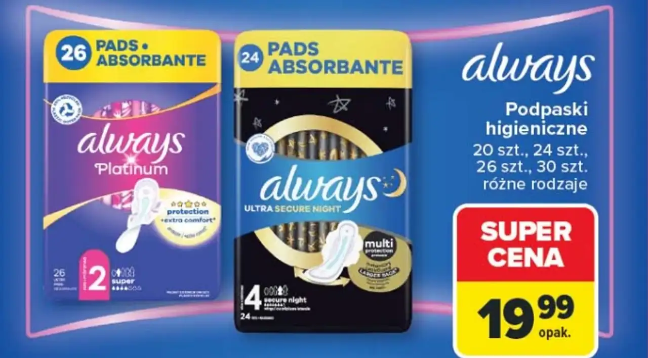 Podpaski higieniczne Always Platinum / Ultra Secure Night