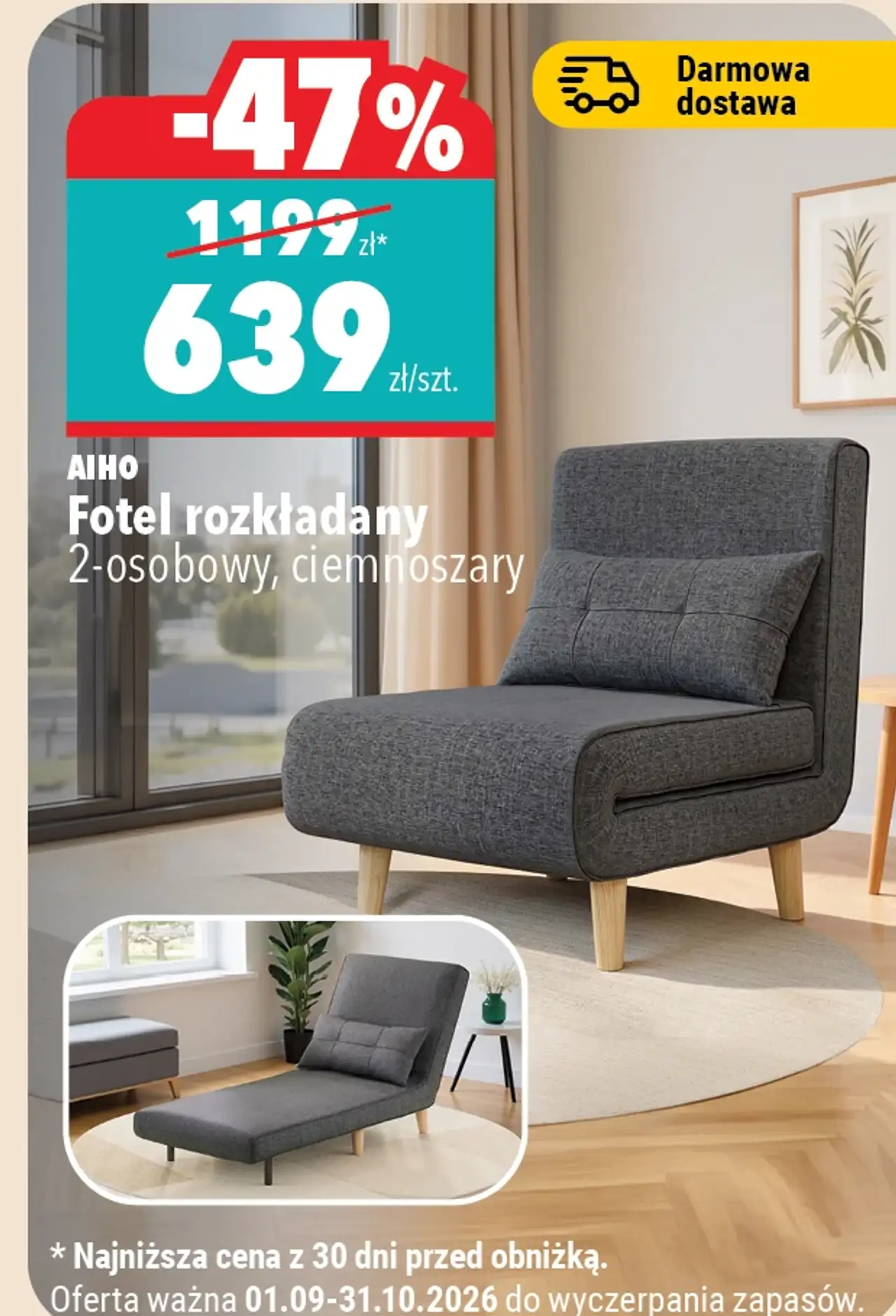 Aiho Fotel rozkładany 2-osobowy, ciemnoszary