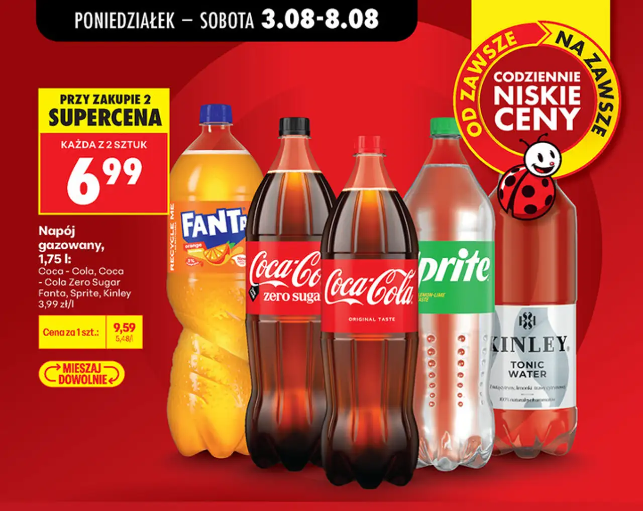 Napój gazowany Coca-Cola, Coca-Cola Zero Sugar, Fanta, Sprite, Kinley