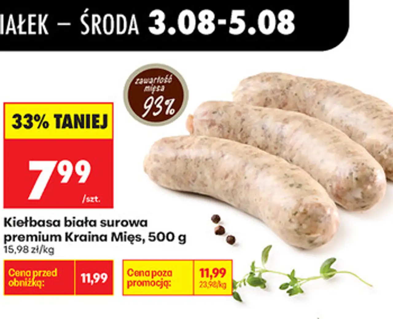 Kiełbasa biała surowa premium Kraina Mięs, 500 g