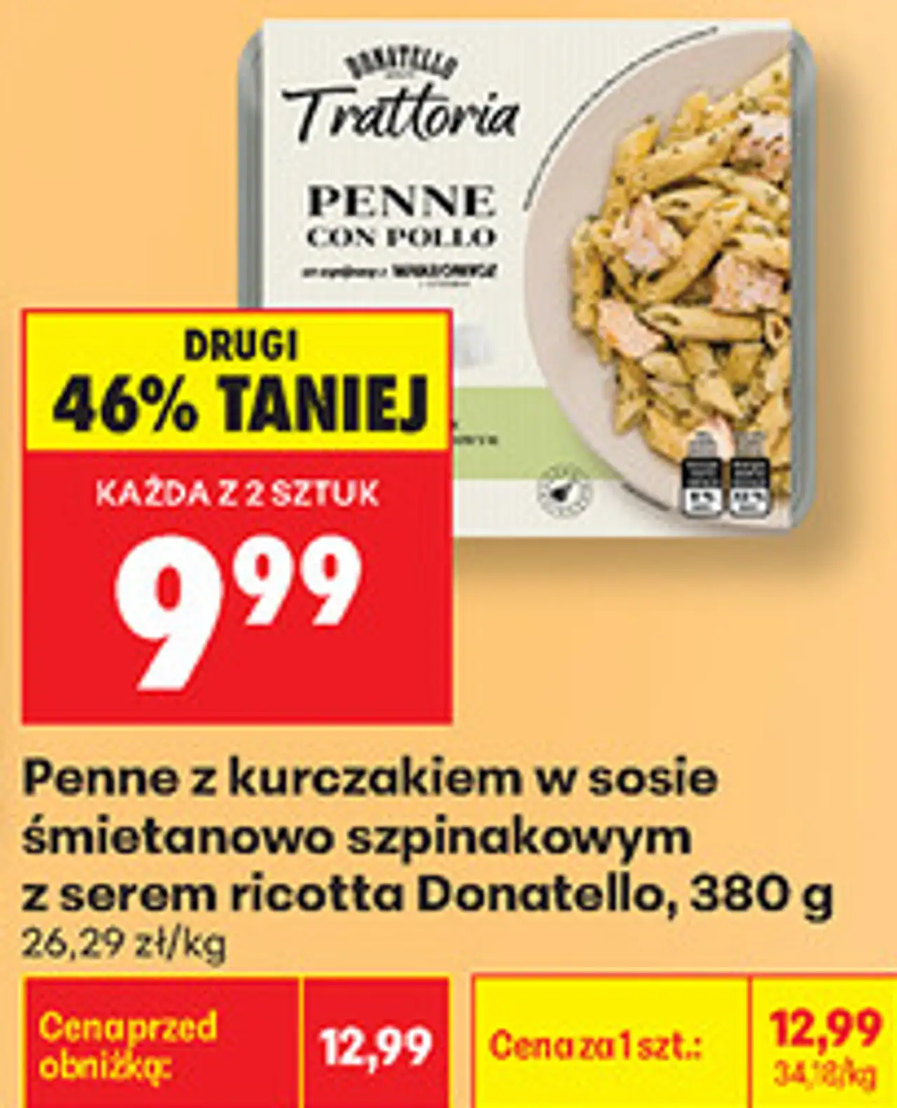 Penne z kurczakiem w sosie śmietanowo szpinakowym z serem ricotta Donatello, 380 g
