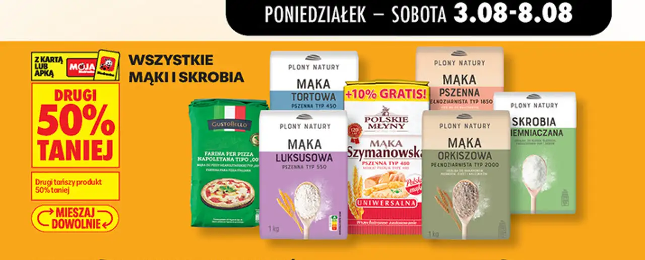 Wszystkie mąki i skrobia (mąka pszenna, tortowa, orkiszowa, szymanowska, skrobia ziemniaczana)