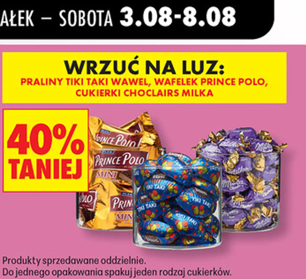 Praliny Tiki Taki Wawel, Wafelek Prince Polo, Cukierki Choclairs Milka