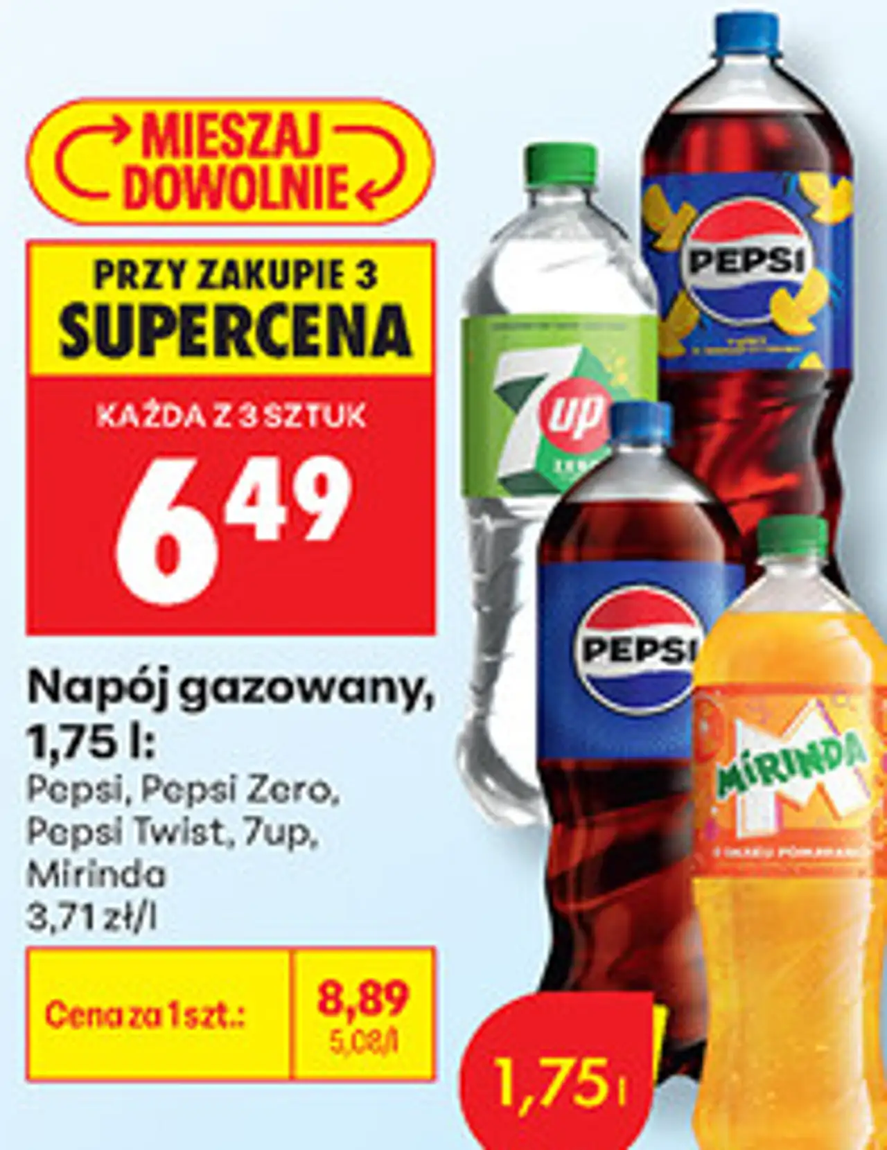 Napój gazowany Pepsi, Pepsi Zero, Pepsi Twist, 7Up, Mirinda, 1,75 l