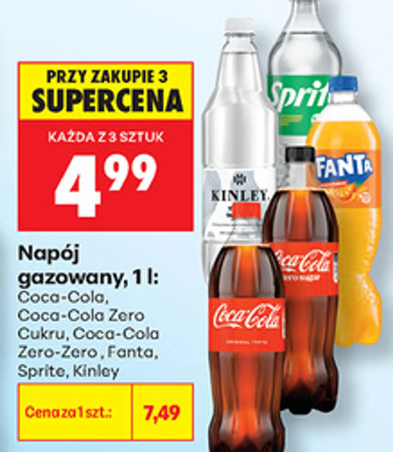 Napój gazowany Coca-Cola, Coca-Cola Zero Cukru, Coca-Cola Zero, Fanta, Sprite, Kinley, 1 l