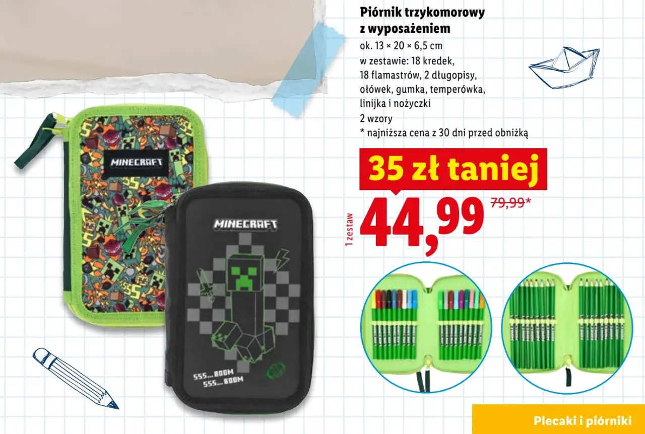 Piórnik trzykomorowy z wyposażeniem Minecraft