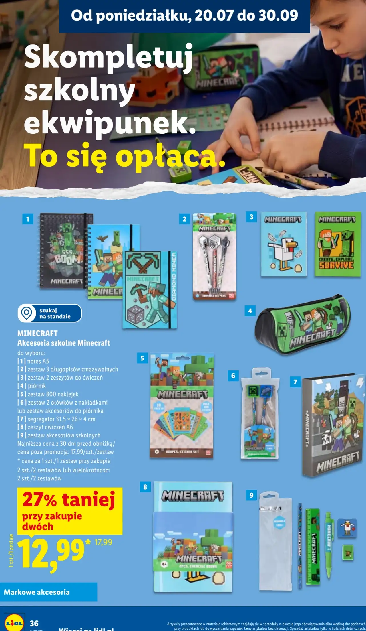 MINECRAFT Akcesoria szkolne (notes, piórnik, zeszyty, naklejki, przybory piśmiennicze)