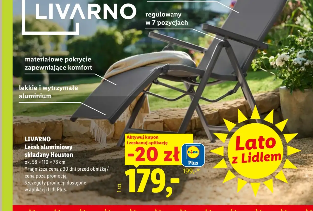 LIVARNO Leżak aluminiowy składany Houston ok. 58 × 110 × 78 cm