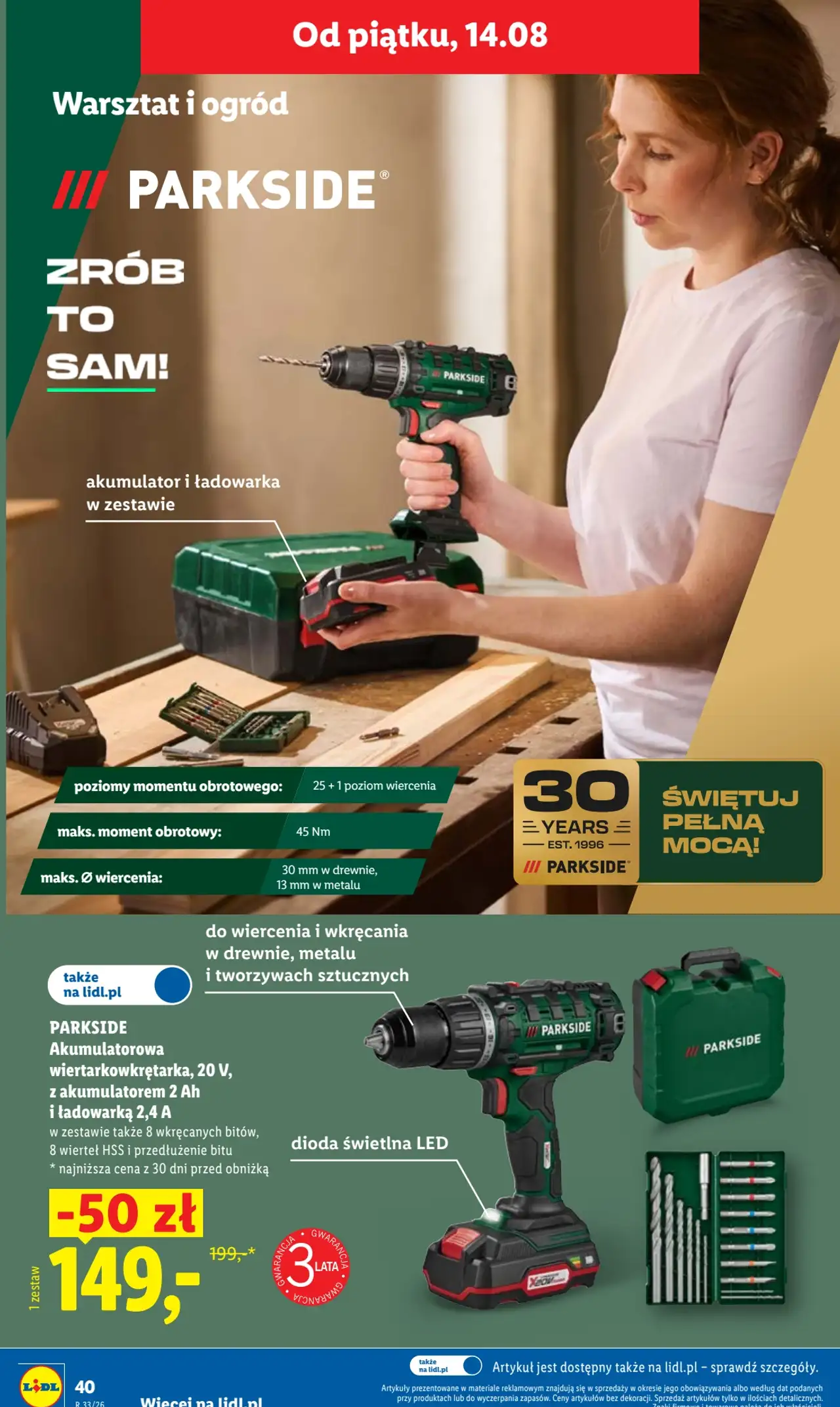 PARKSIDE Akumulatorowa wiertarkowkrętarka, 20 V, z akumulatorem 2 Ah i ładowarką 2,4 A