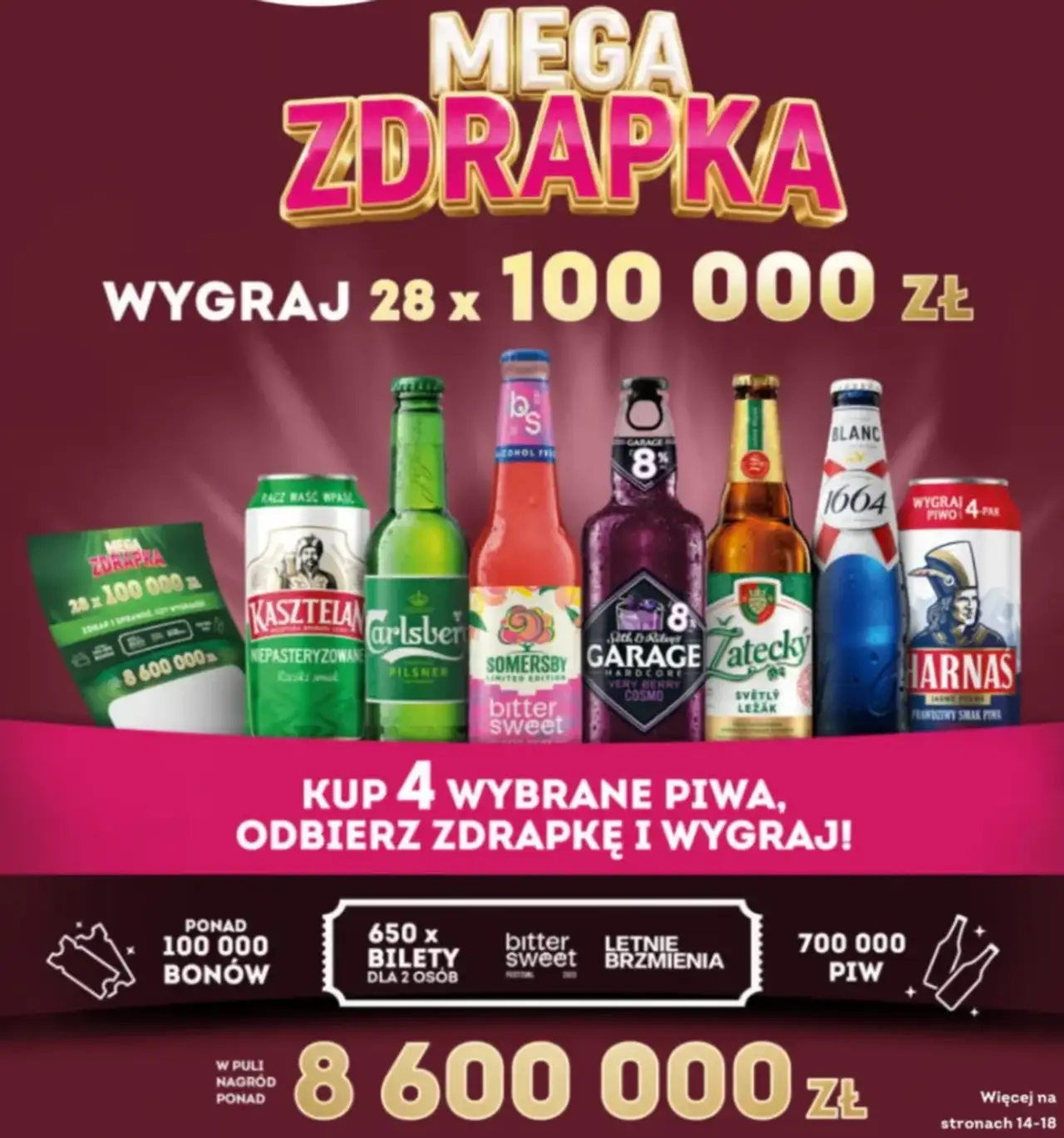 Wybrane piwa w butelce lub puszce (Kasztelan, Carlsberg, Somersby, Garage, Žatecký, 1664 Blanc, Harnaś)