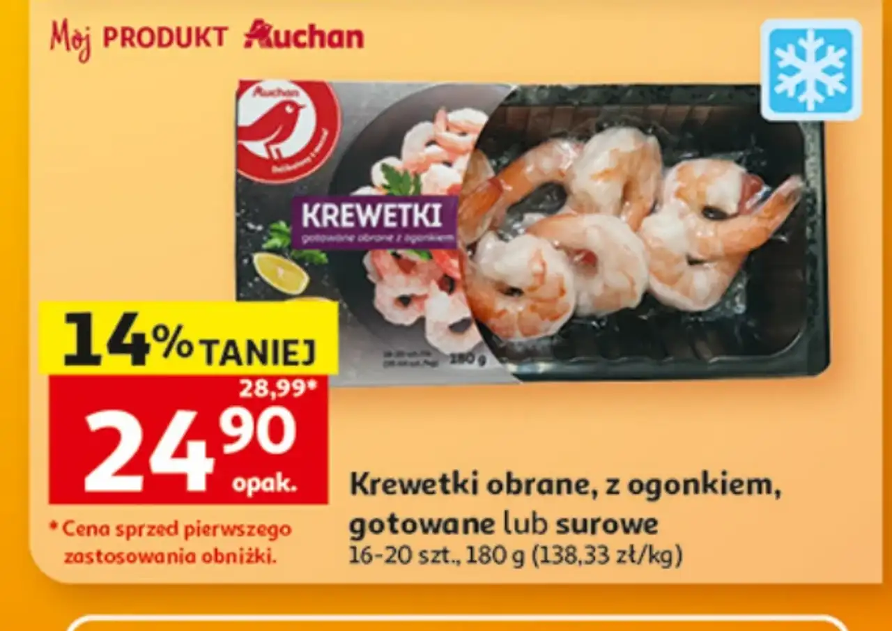 Krewetki obrane, z ogonkiem, gotowane lub surowe Auchan