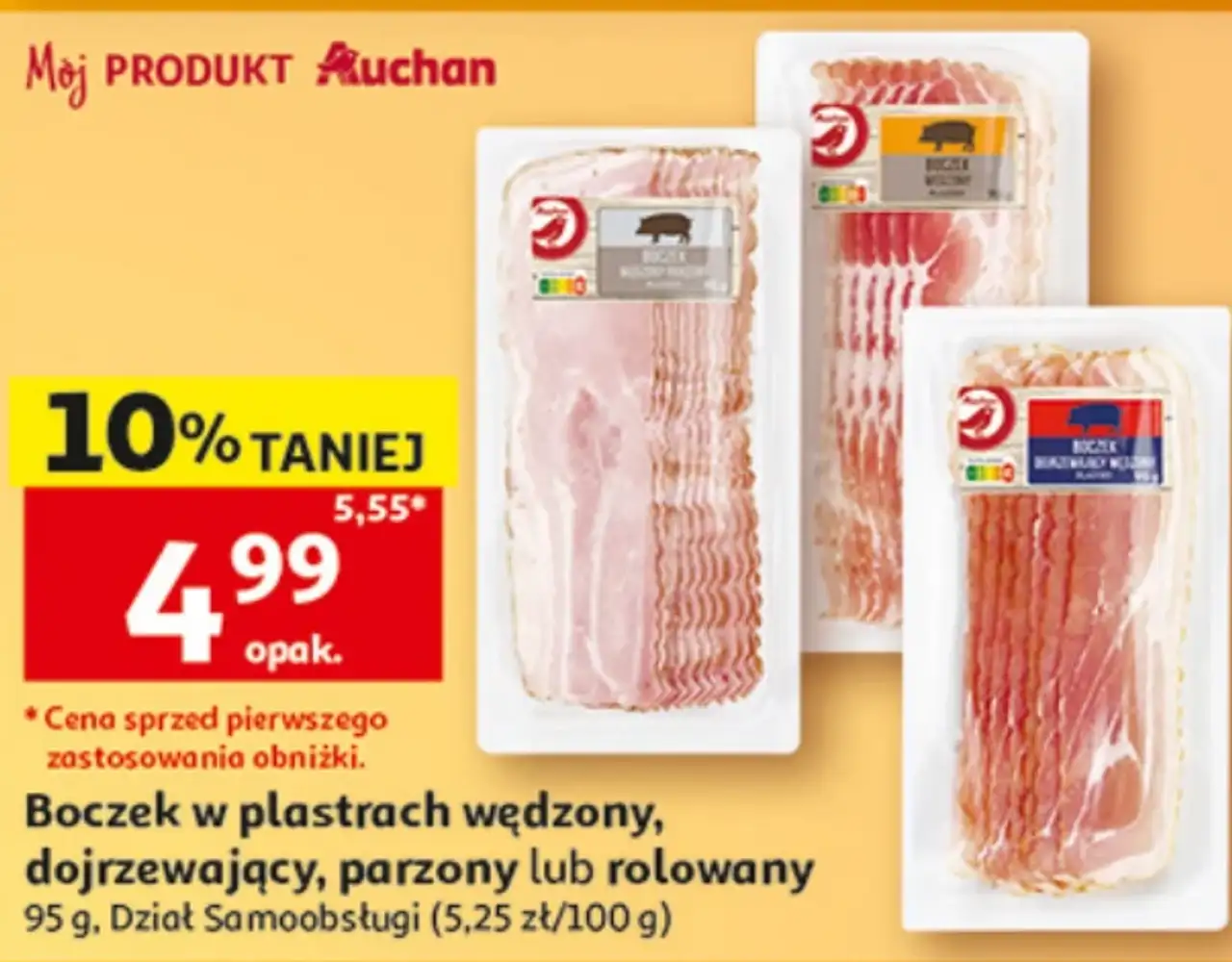 Boczek w plastrach wędzony, dojrzewający, parzony lub rolowany Moj Produkt Auchan