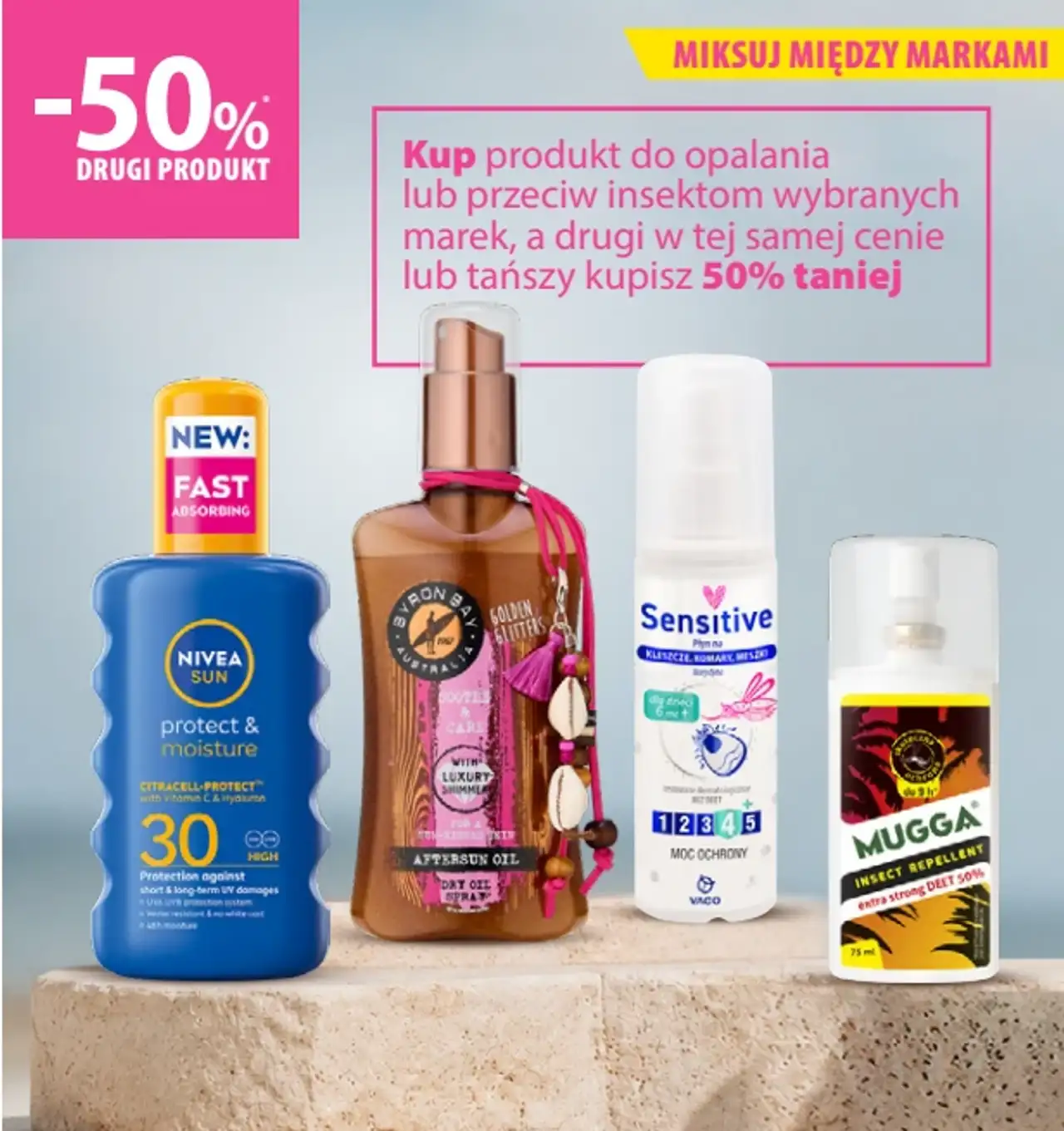 Produkty do opalania lub przeciw insektom (Nivea Sun, Byron Bay, Sensitive, Mugga)