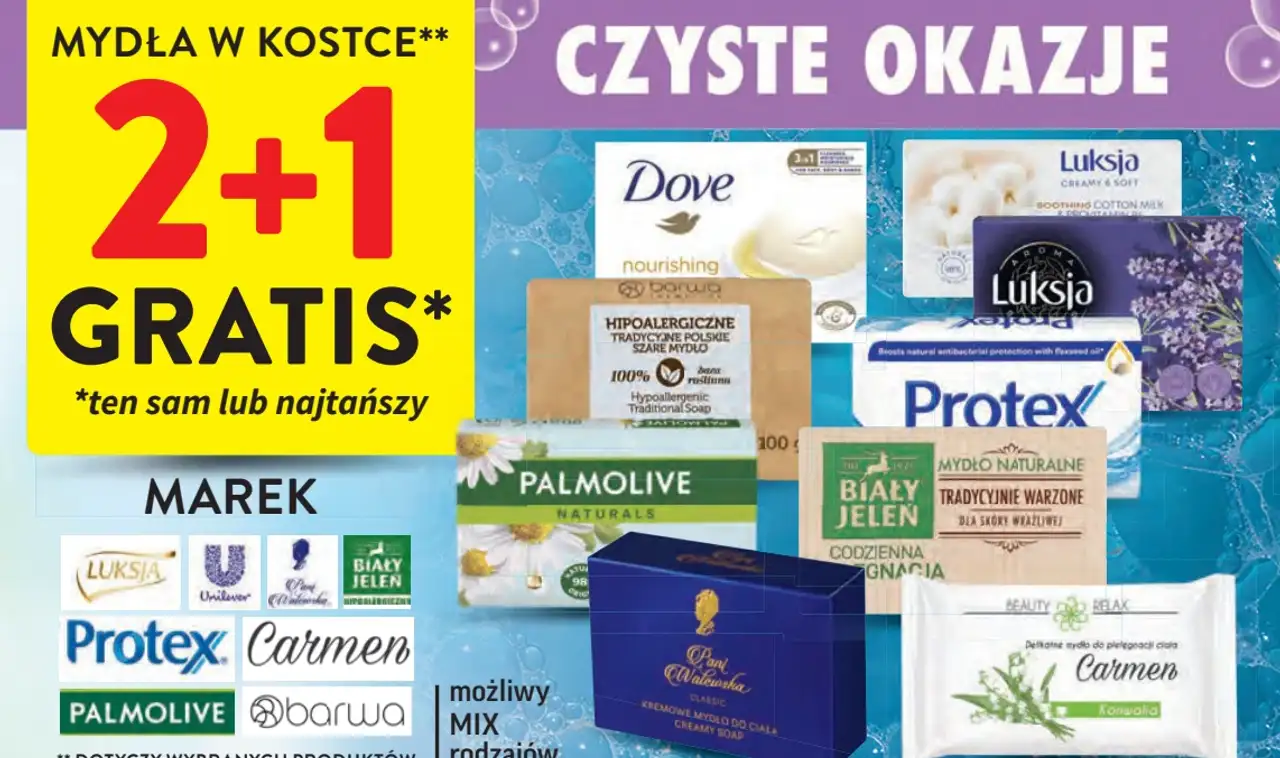 Mydła w kostce (różne marki: Dove, Luksja, Protex, Carmen, Palmolive, Barwa, Biały Jeleń, Pani Walewska)