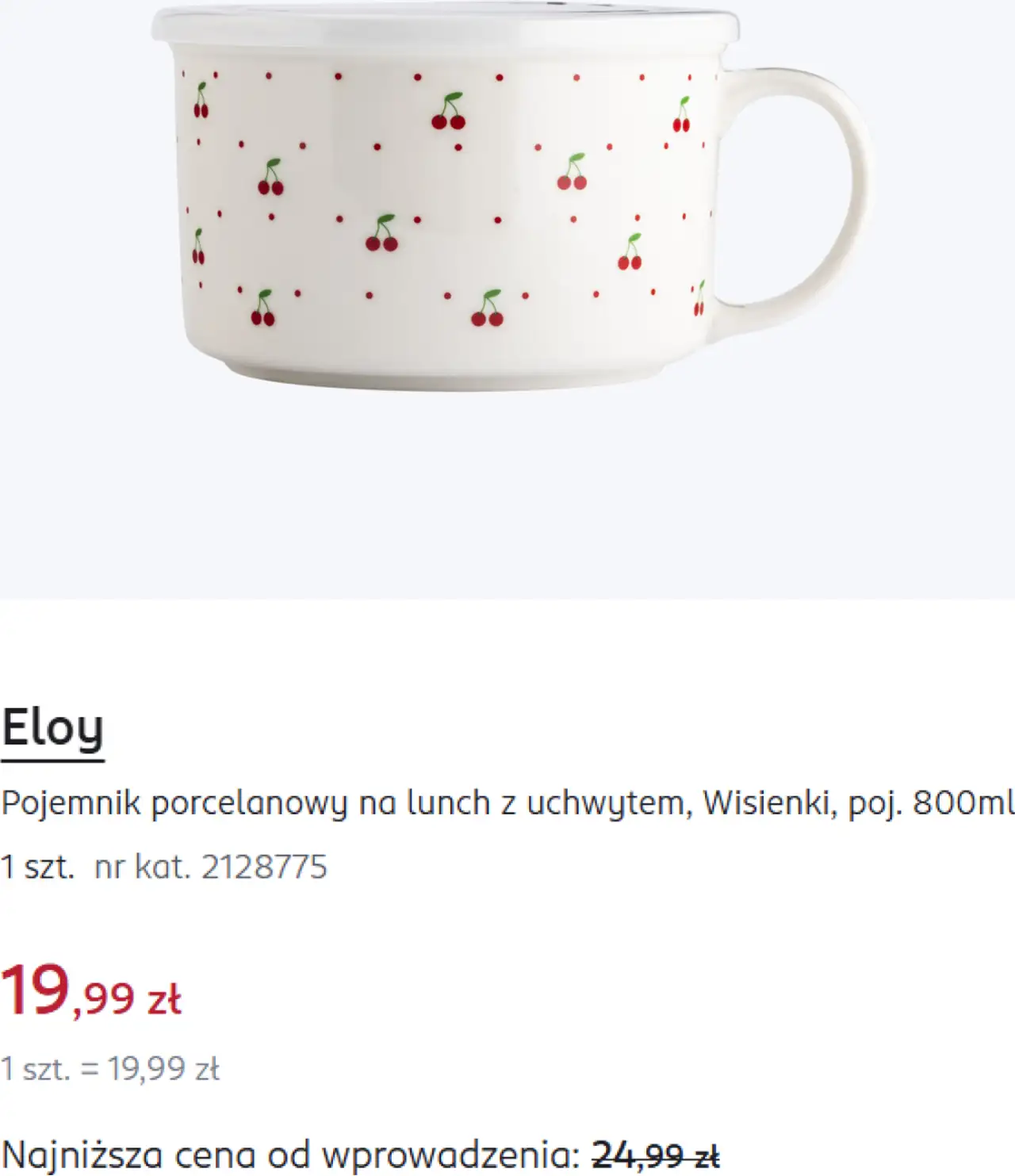 Eloy Pojemnik porcelanowy na lunch z uchwytem, Wisienki, poj. 800ml