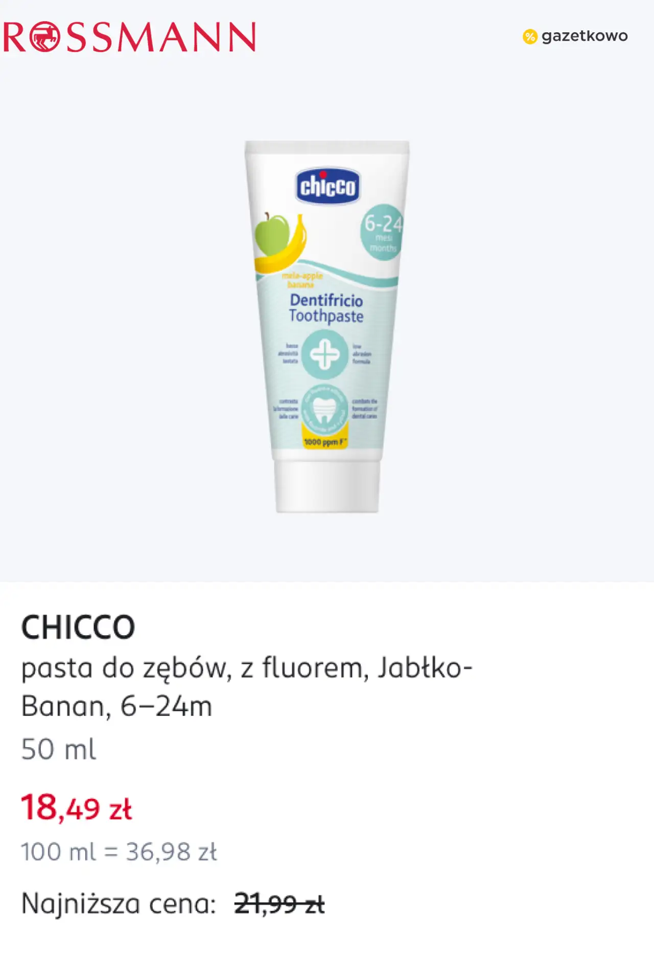CHICCO pasta do zębów, z fluorem, Jabłko-Banan, 6-24m