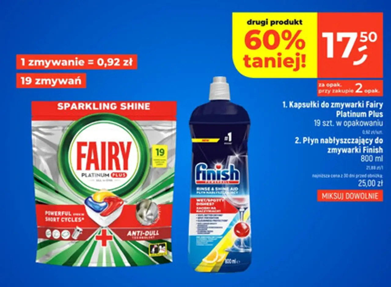 Kapsułki do zmywarki Fairy Platinum Plus, 19 szt. / Płyn nabłyszczający do zmywarki Finish, 800 ml