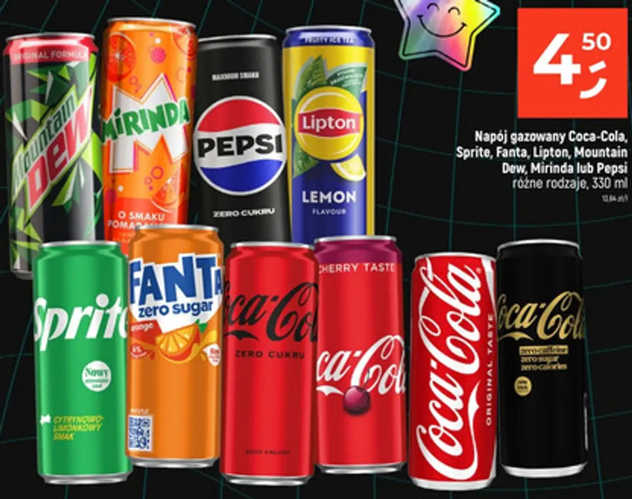 Napój gazowany Coca-Cola, Sprite, Fanta, Lipton, Mountain Dew, Mirinda lub Pepsi