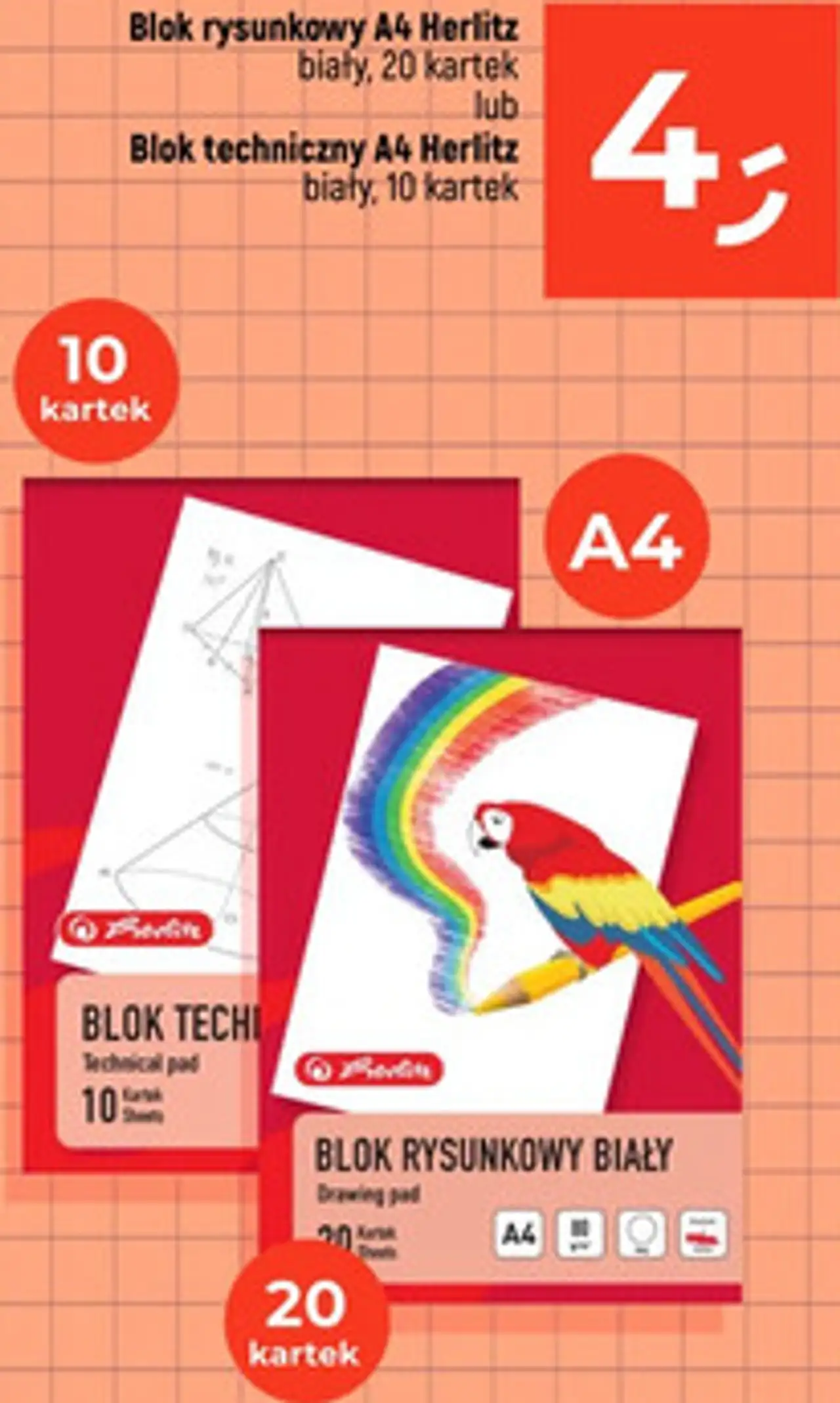 Blok rysunkowy A4 Herlitz biały, 20 kartek lub Blok techniczny A4 Herlitz biały, 10 kartek