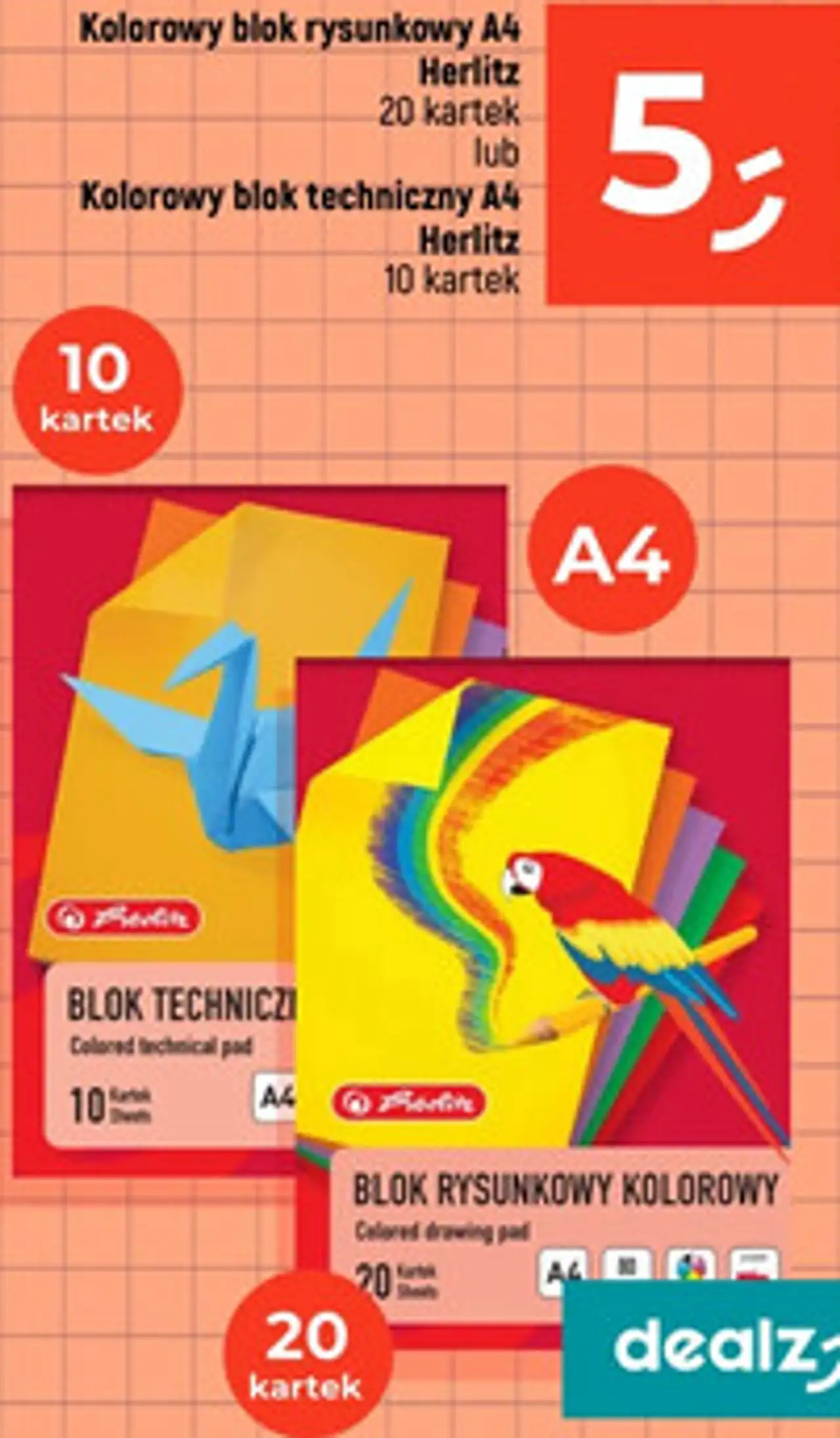 Kolorowy blok rysunkowy A4 Herlitz 20 kartek lub Kolorowy blok techniczny A4 Herlitz 10 kartek
