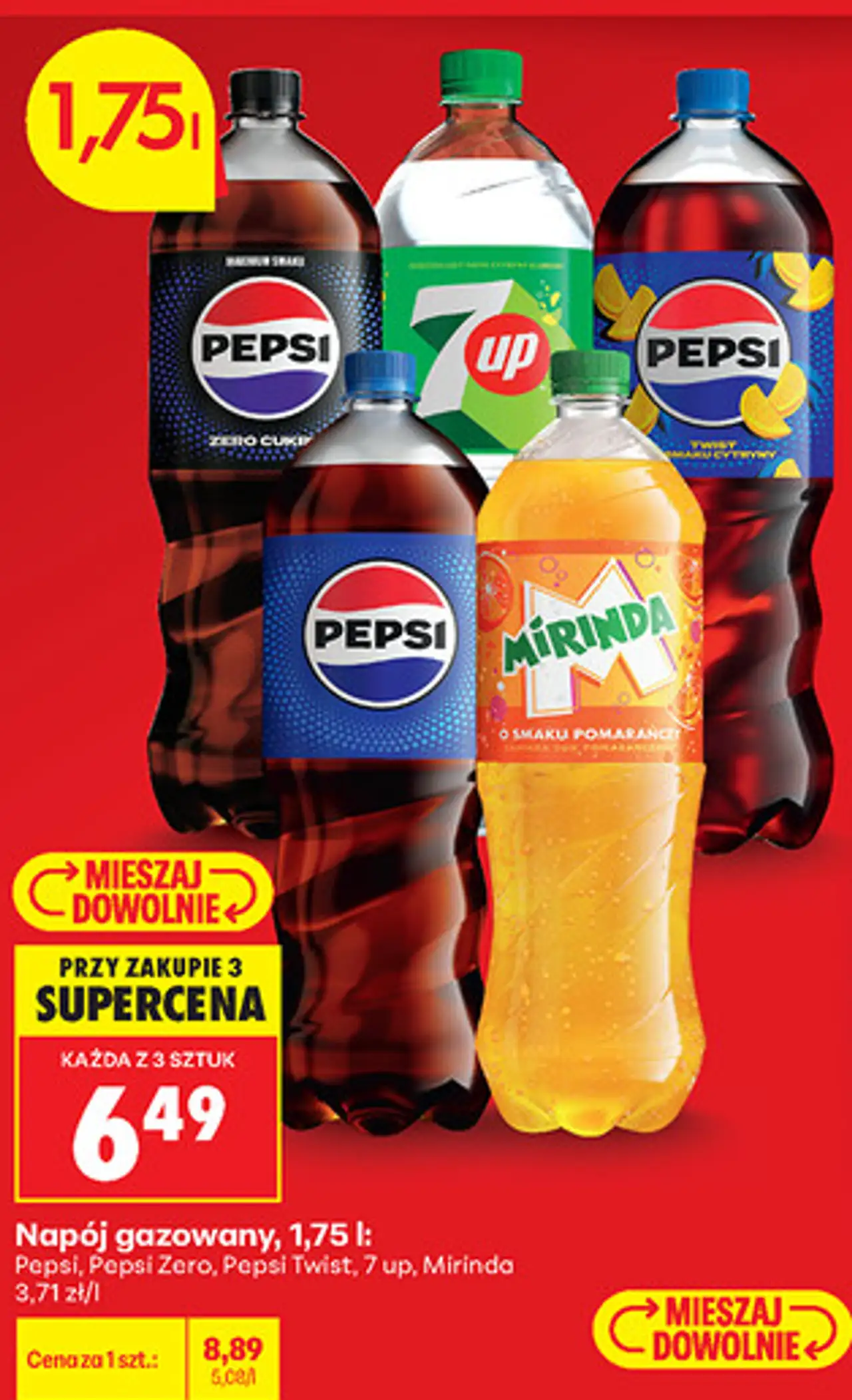 Napój gazowany Pepsi, Pepsi Zero, Pepsi Twist, 7 up, Mirinda, 1,75 l