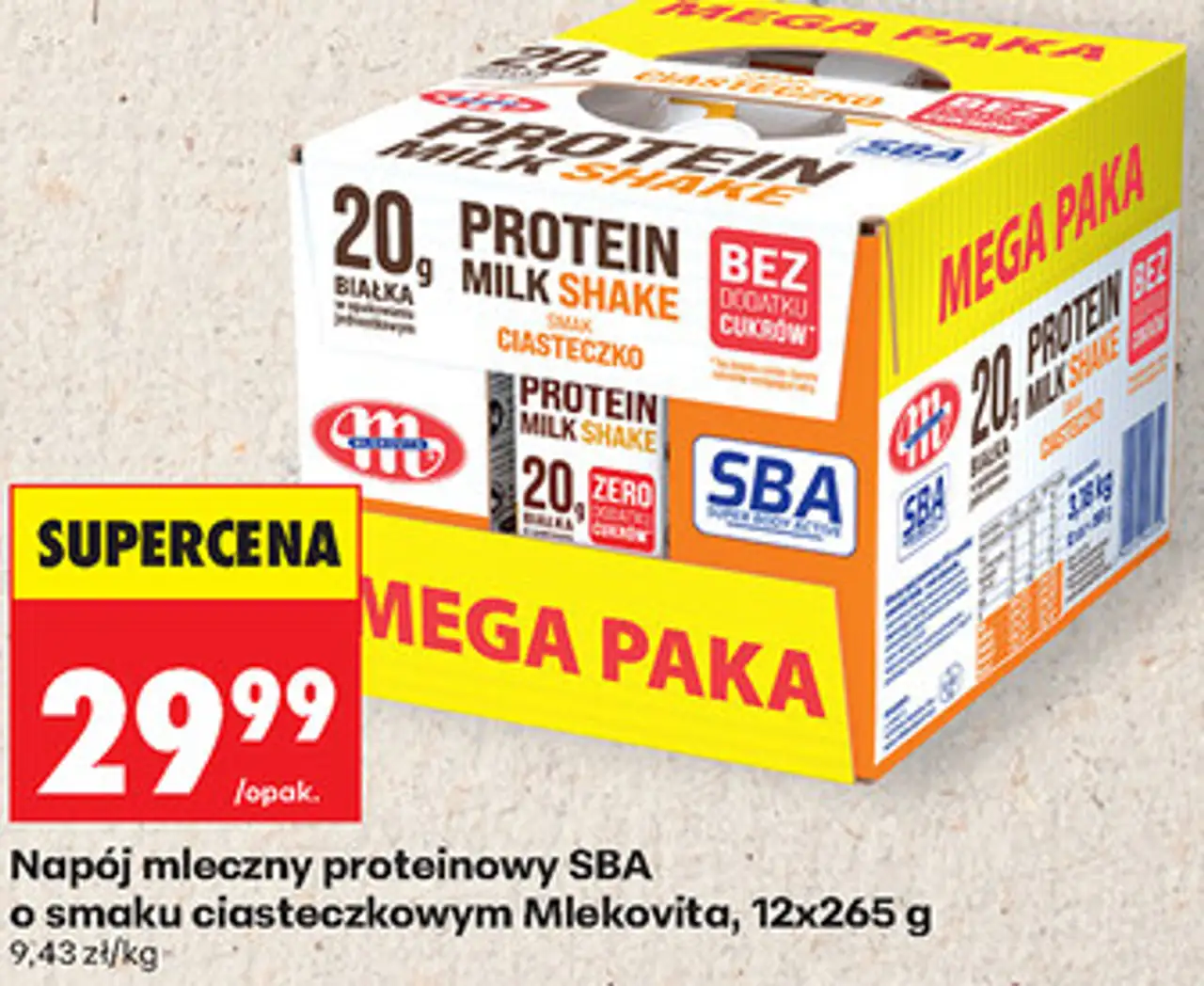Napój mleczny proteinowy SBA o smaku ciasteczkowym Mlekovita, 12x265 g