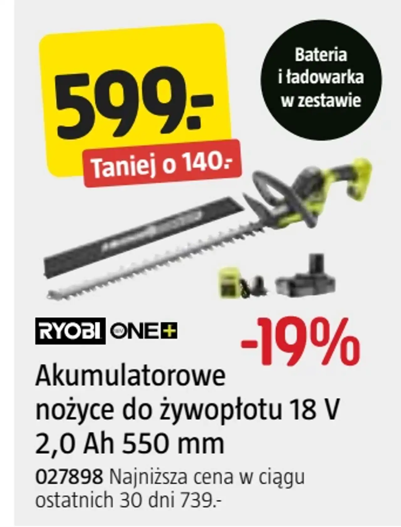 Akumulatorowe nożyce do żywopłotu Ryobi One+ 18 V 2,0 Ah 550 mm