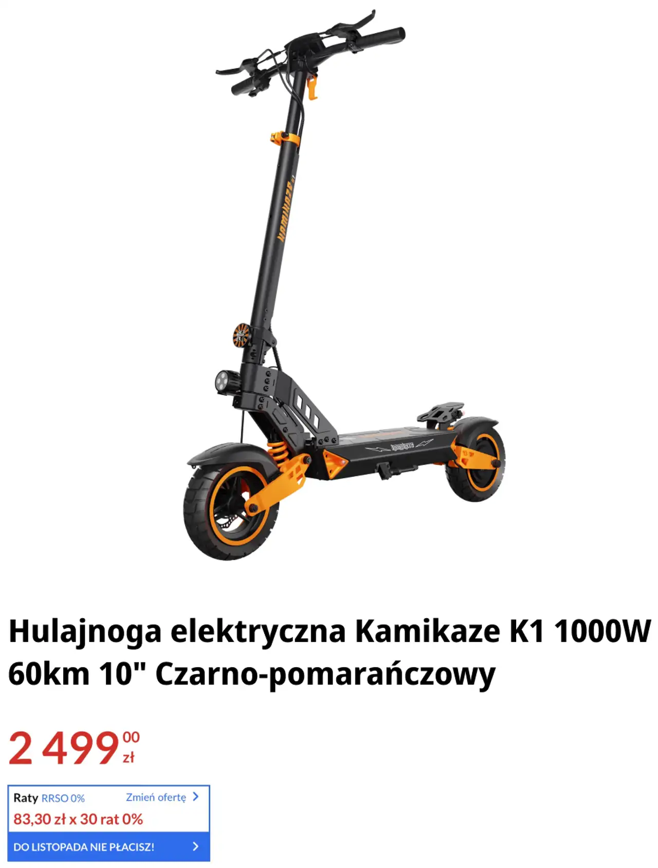 Hulajnoga elektryczna Kamikaze K1 1000W 60km 10" Czarno-pomarańczowy