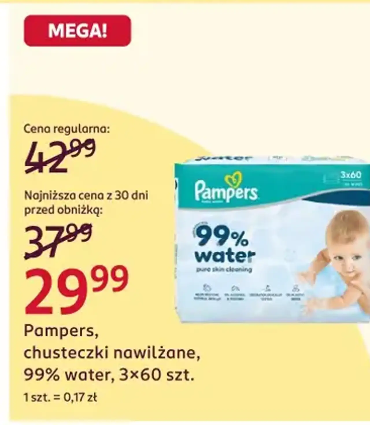 Pampers, chusteczki nawilżane, 99% water, 3x60 szt.
