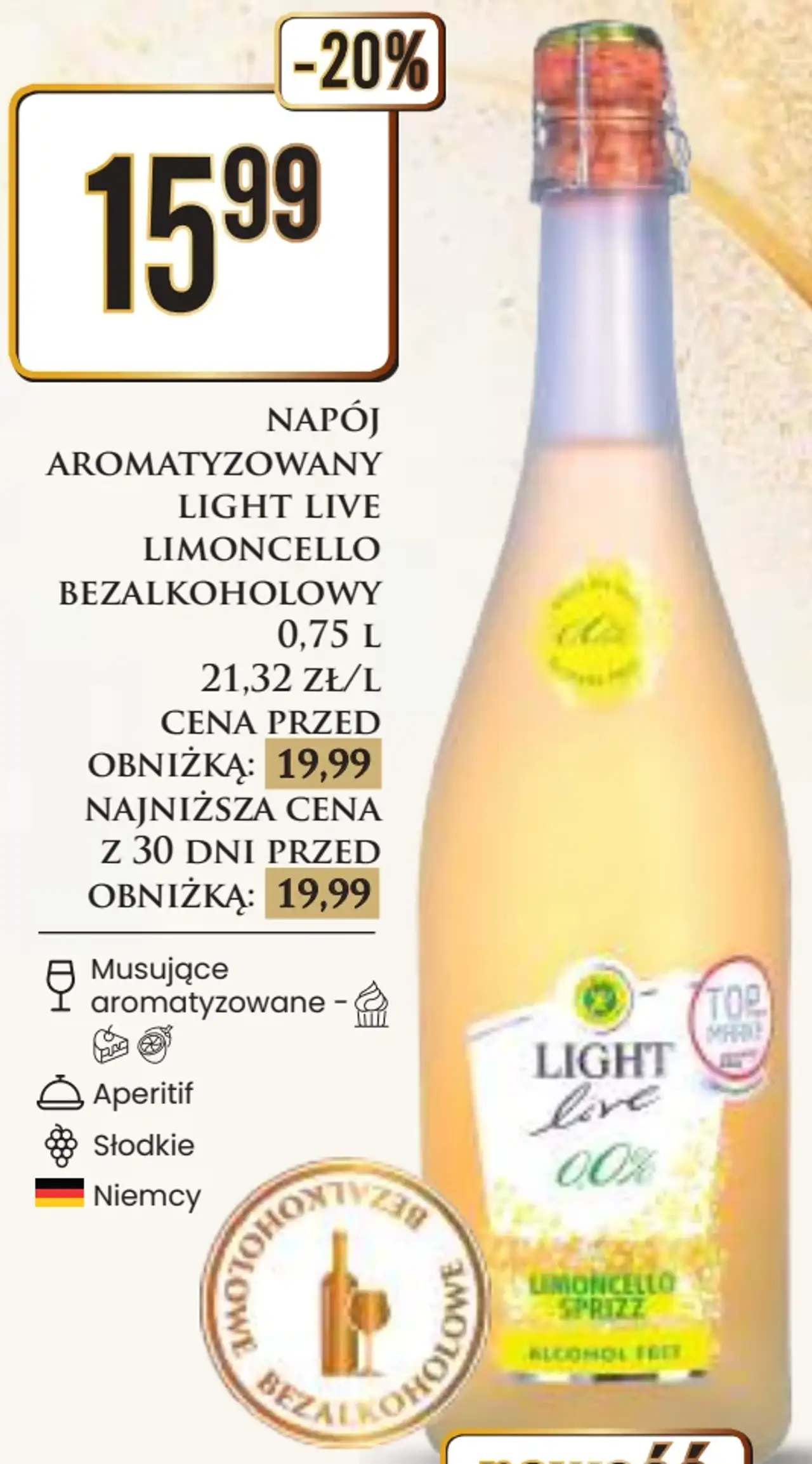 Napój aromatyzowany Light Live Limoncello Bezalkoholowy 0,75 L
