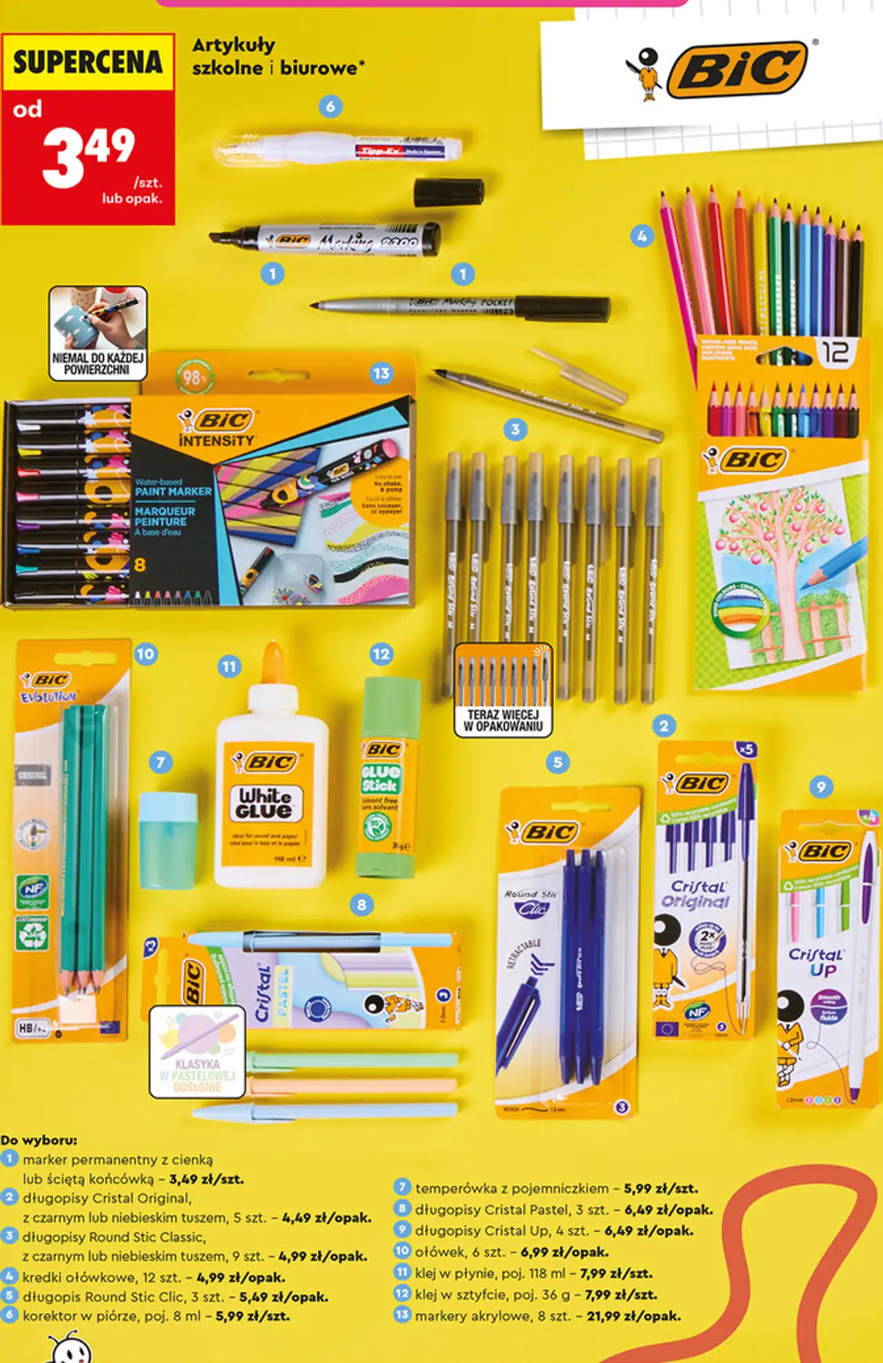 Artykuły szkolne i biurowe BIC (marker,y długopisy, korektor, kredki, temperówka, klej)
