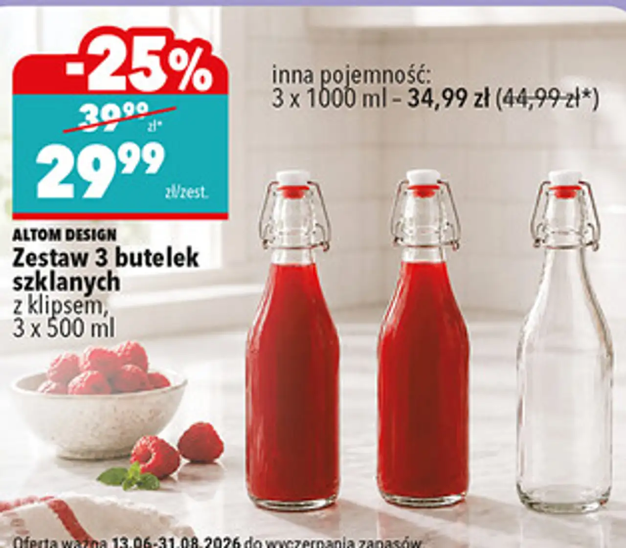 Altom Design Zestaw 3 butelek szklanych z klipsem