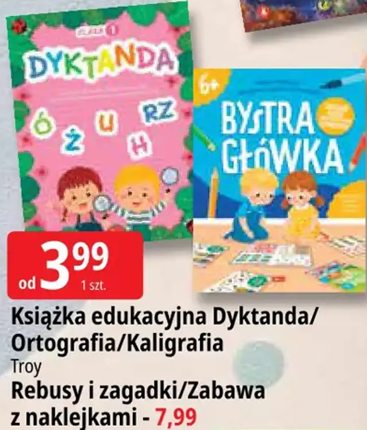Książka edukacyjna Dyktanda/Ortografia/Kaligrafia / Rebusy i zagadki/Zabawa z naklejkami Troy
