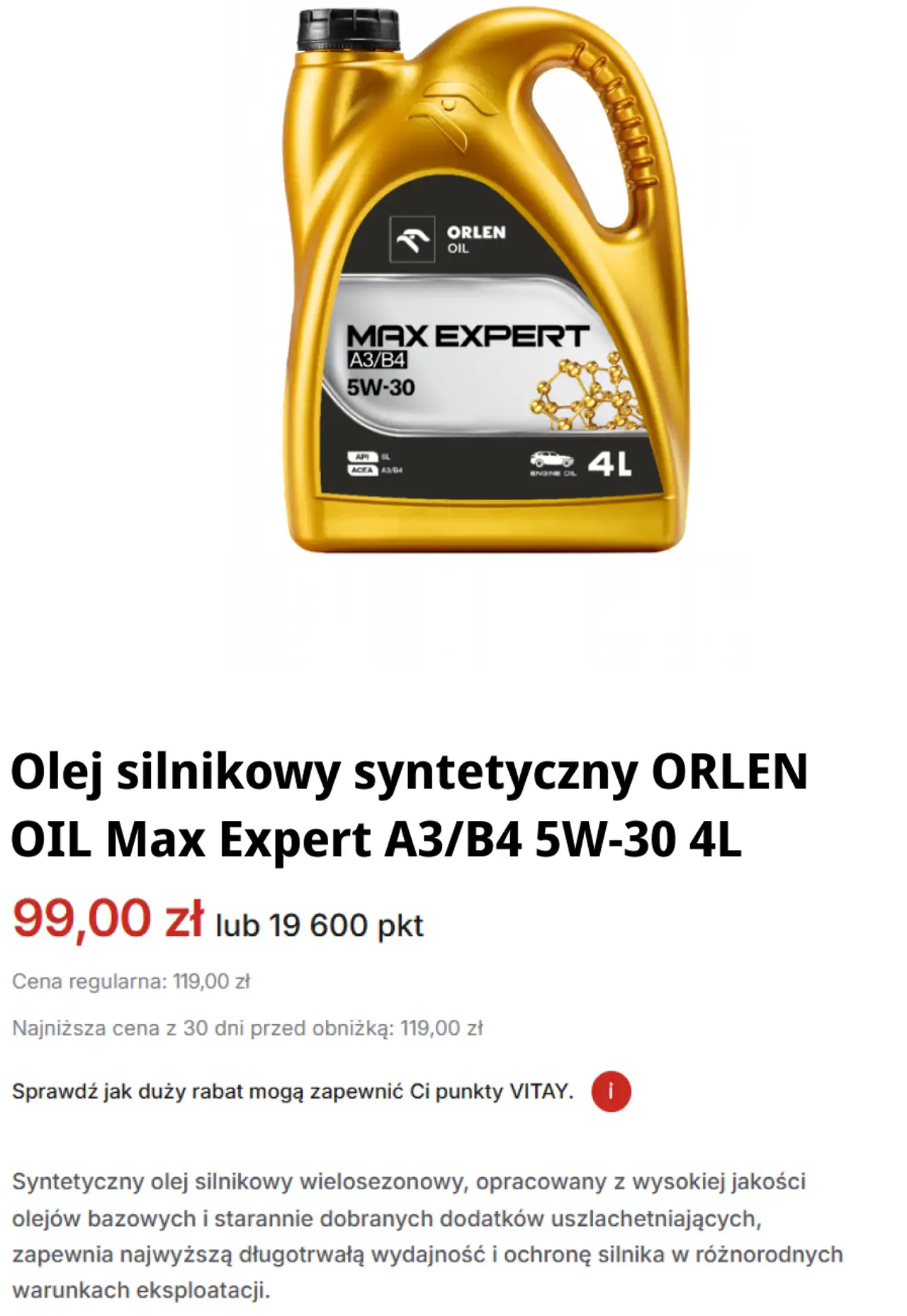 Olej silnikowy syntetyczny ORLEN OIL Max Expert A3/B4 5W-30 4L