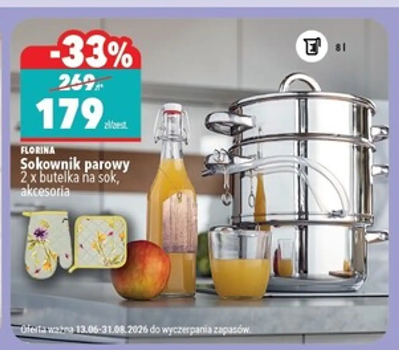 Zestaw juicy set sokownik 8l + butelki łapka rękawica Florina (Florentyna)