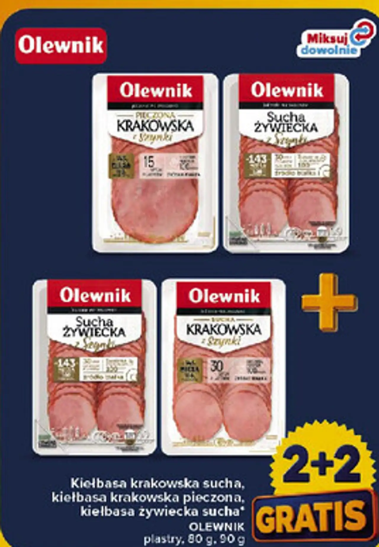Kiełbasa krakowska sucha, kiełbasa krakowska pieczona, kiełbasa żywiecka sucha Olewnik