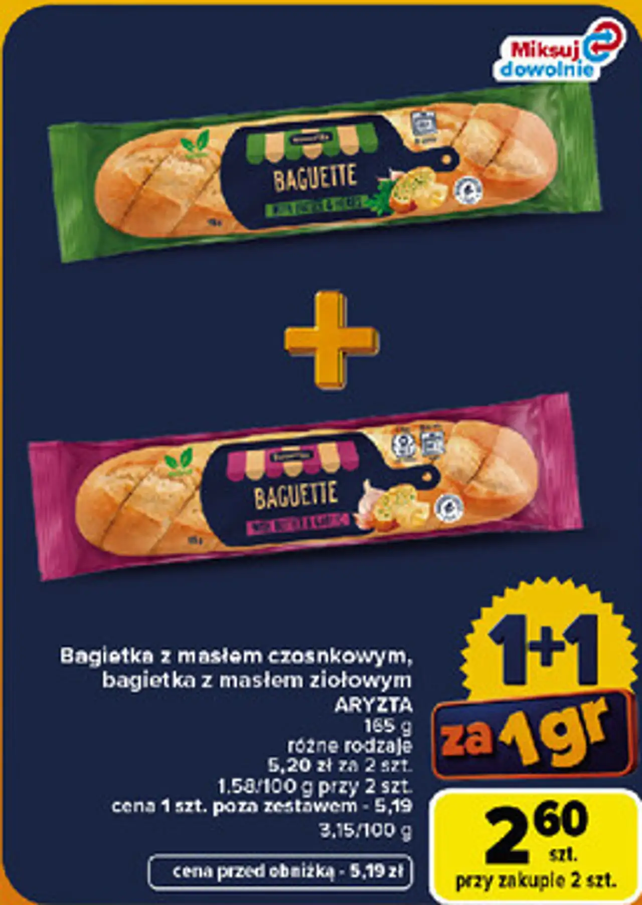Bagietka z masłem czosnkowym, bagietka z masłem ziołowym Aryzta