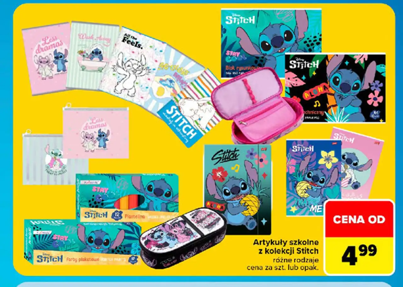 Artykuły szkolne z kolekcji Stitch, różne rodzaje