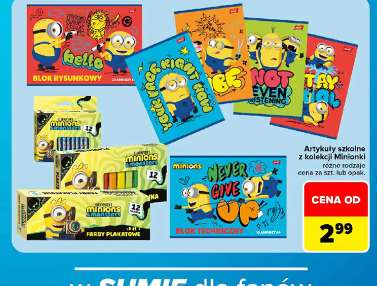 Artykuły szkolne z kolekcji Minionki, różne rodzaje