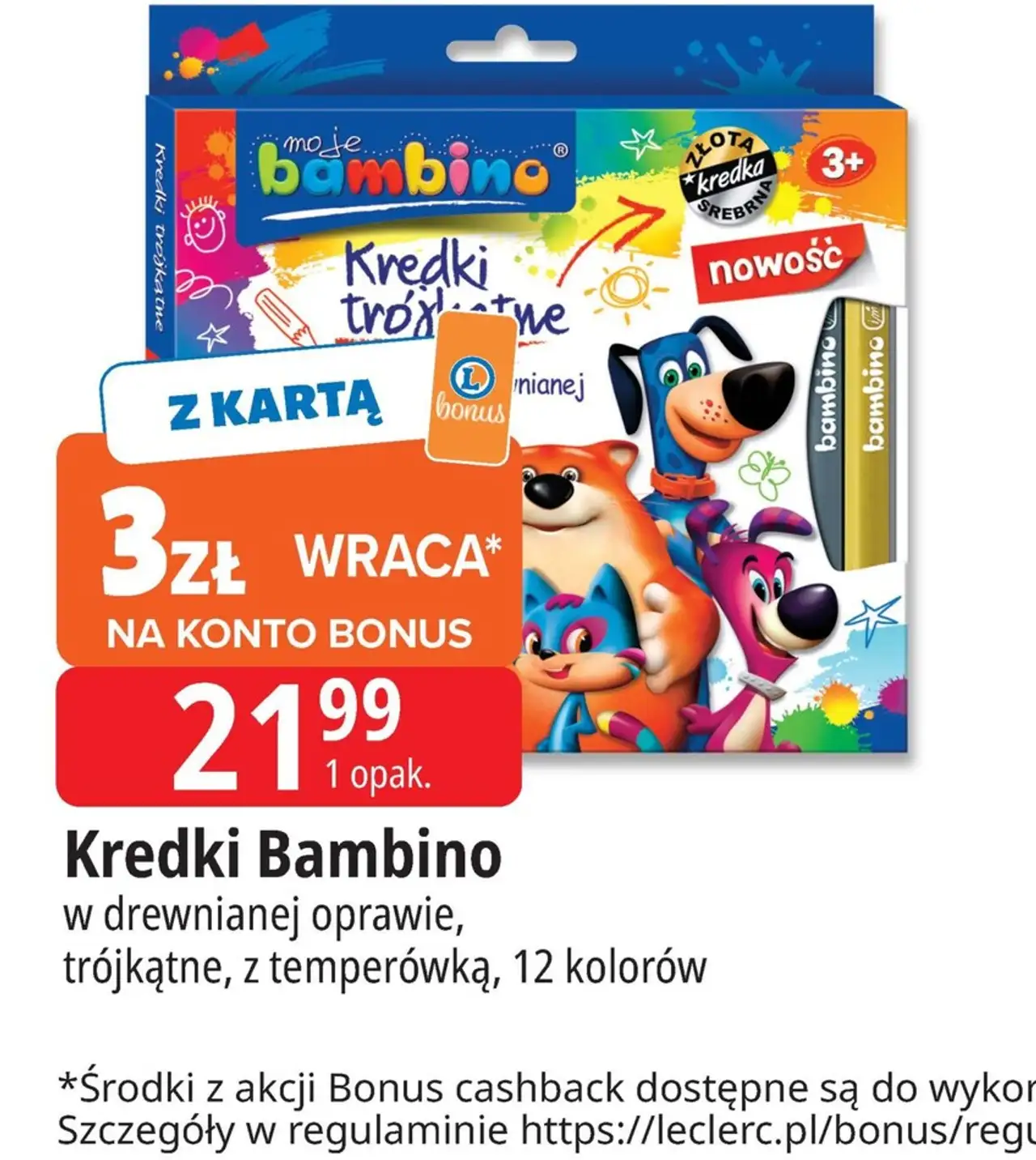 Kredki Bambino w drewnianej oprawie, trójkątne, z temperówką, 12 kolorów