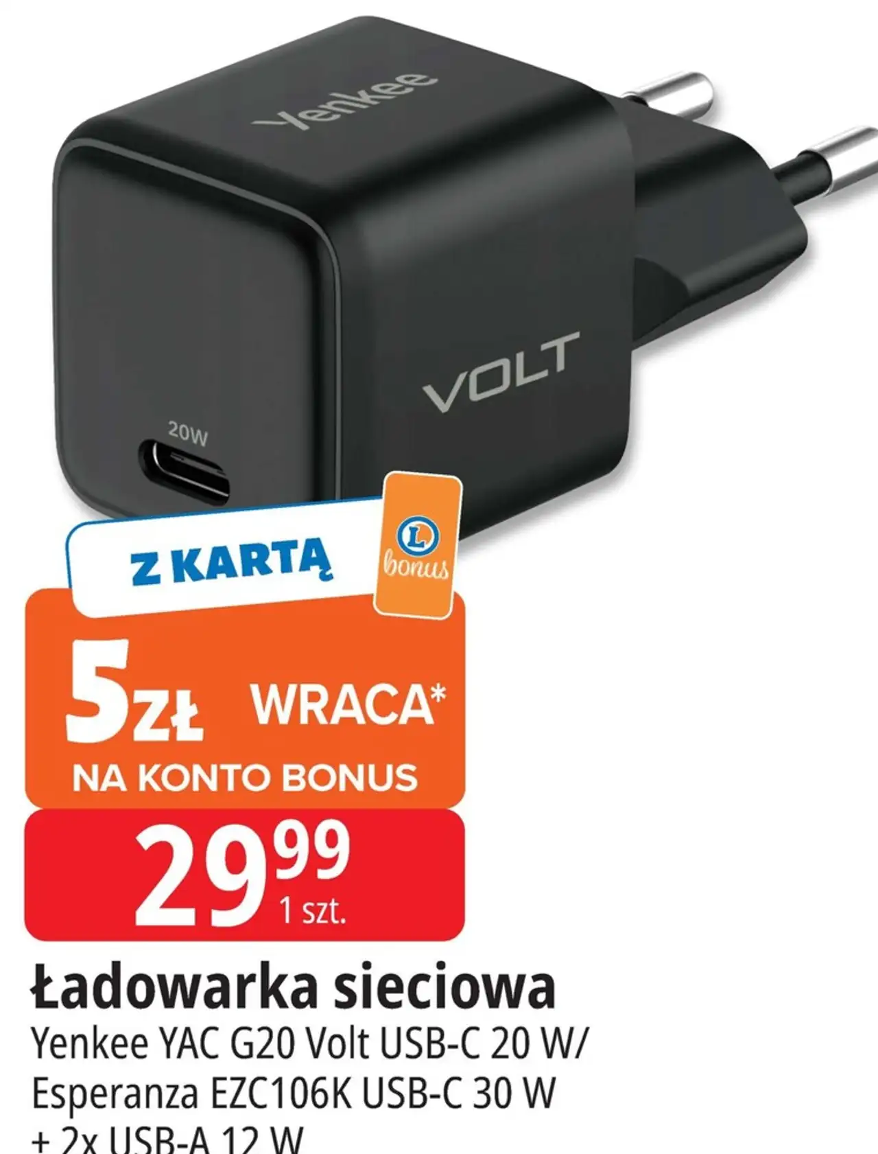 Ładowarka sieciowa Yenkee YAC G20 Volt USB-C 20 W/ Esperanza EZC106K USB-C 30 W + 2x USB-A 12 W
