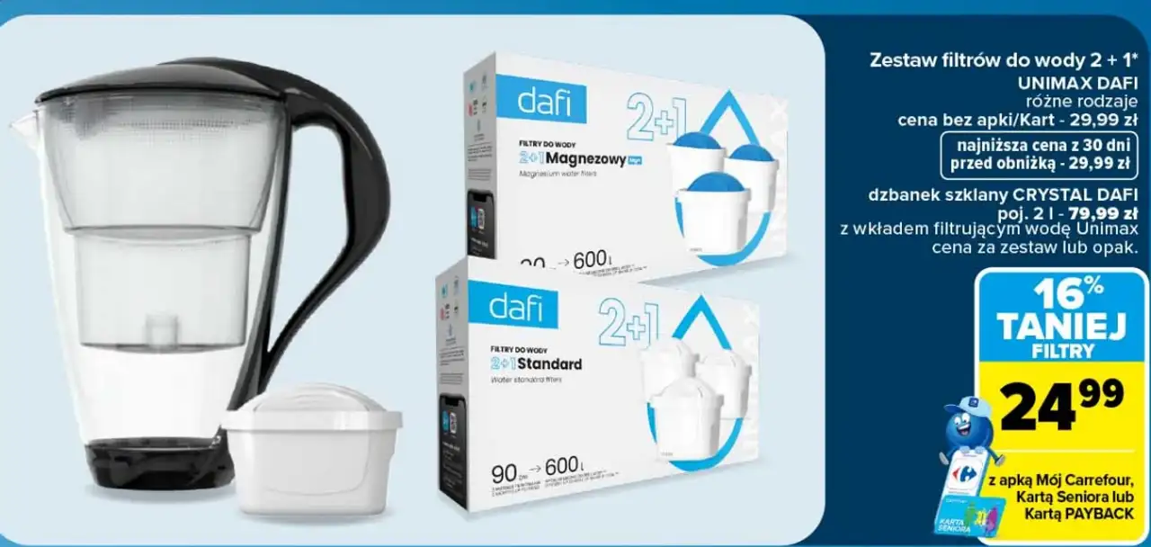 Zestaw filtrów do wody 2+1 Unimax Dafi lub dzbanek szklany Crystal Dafi