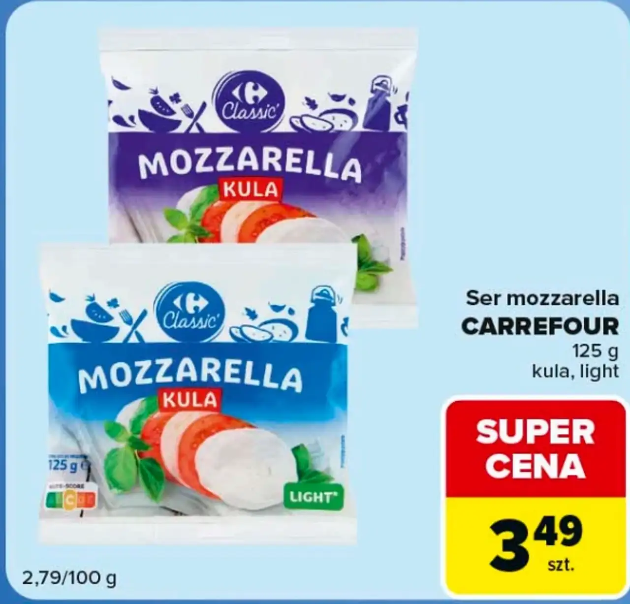 Ser mozzarella Carrefour Classic kula, light