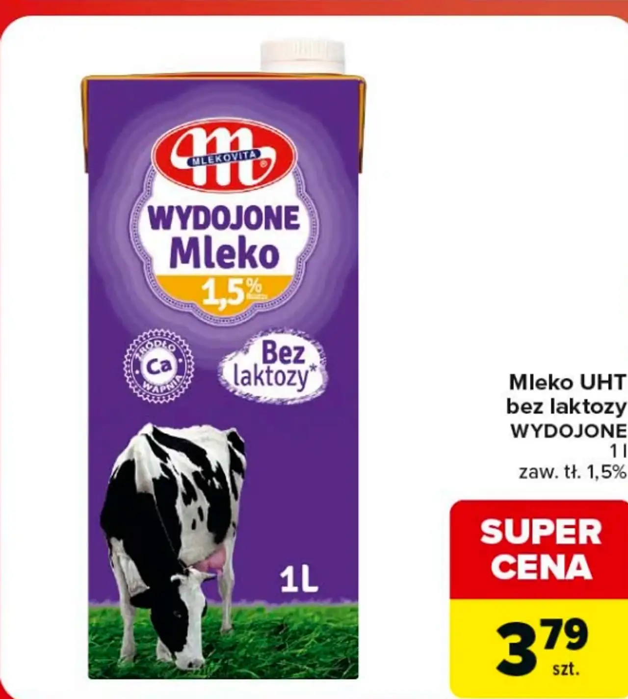 Mleko UHT bez laktozy Wydojone 1,5% Mlekovita