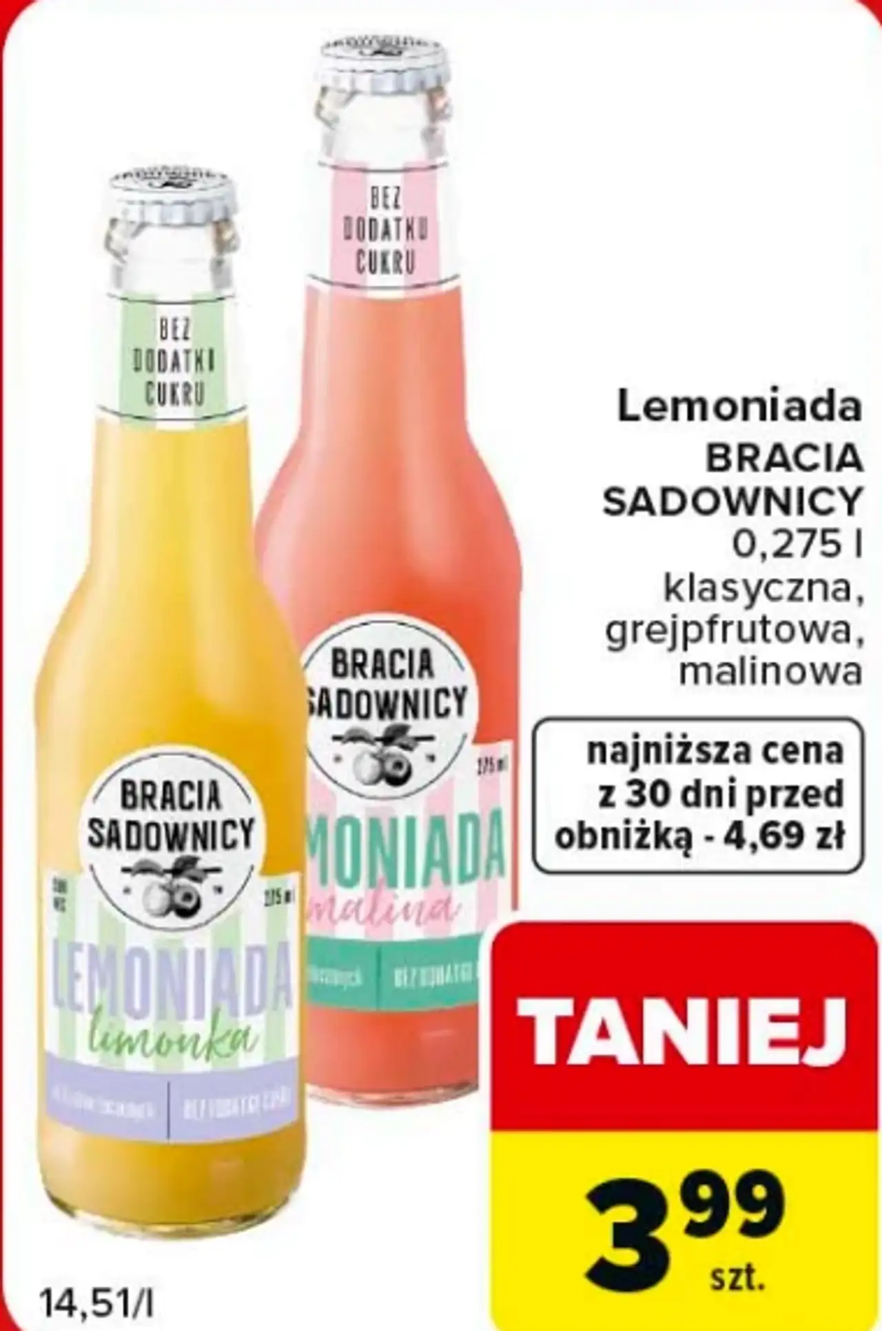 Lemoniada Bracia Sadownicy klasyczna, grejpfrutowa, malinowa 0,275 l