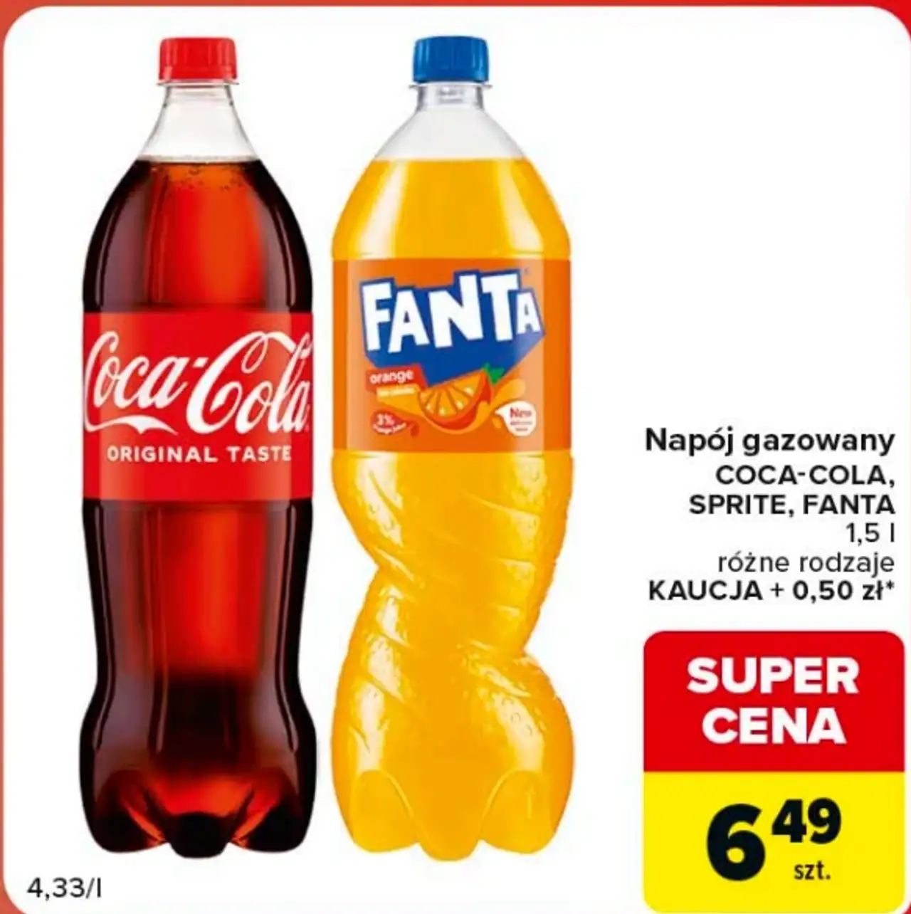 Napój gazowany Coca-Cola, Sprite, Fanta różne rodzaje 1,5 l