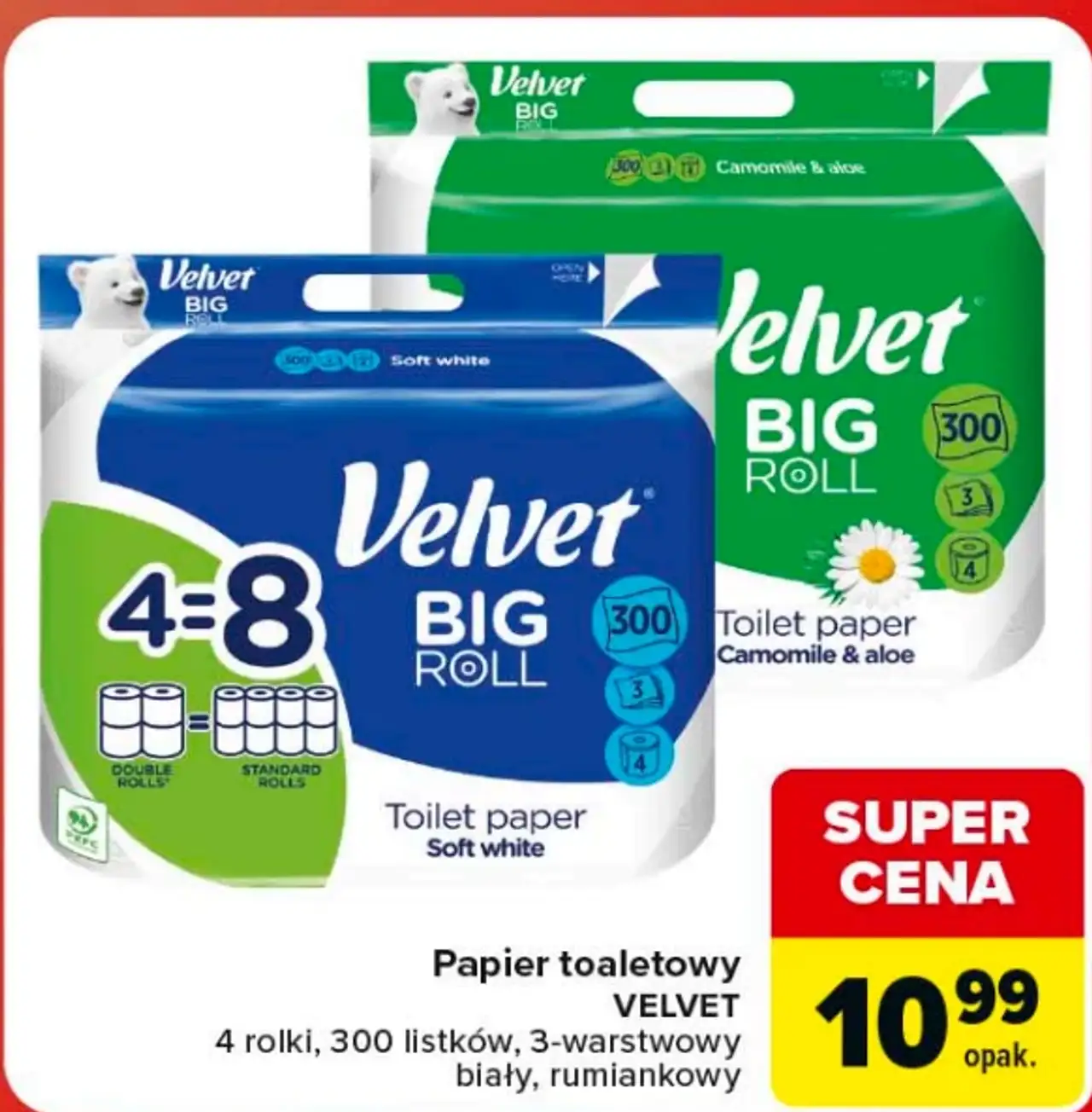 Velvet Big Roll Papier toaletowy biały, rumiankowy 4 rolki, 300 listków