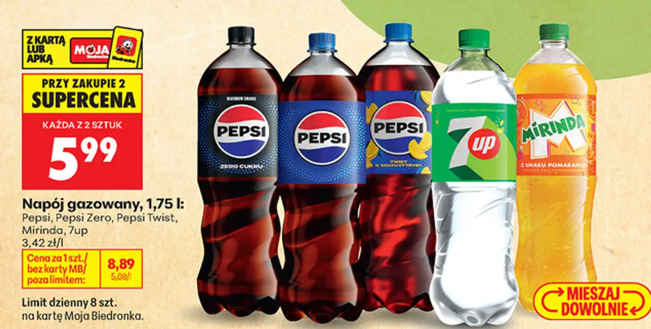 Napój gazowany Pepsi, Pepsi Zero, Pepsi Twist, Mirinda, 7up, 1,75 l