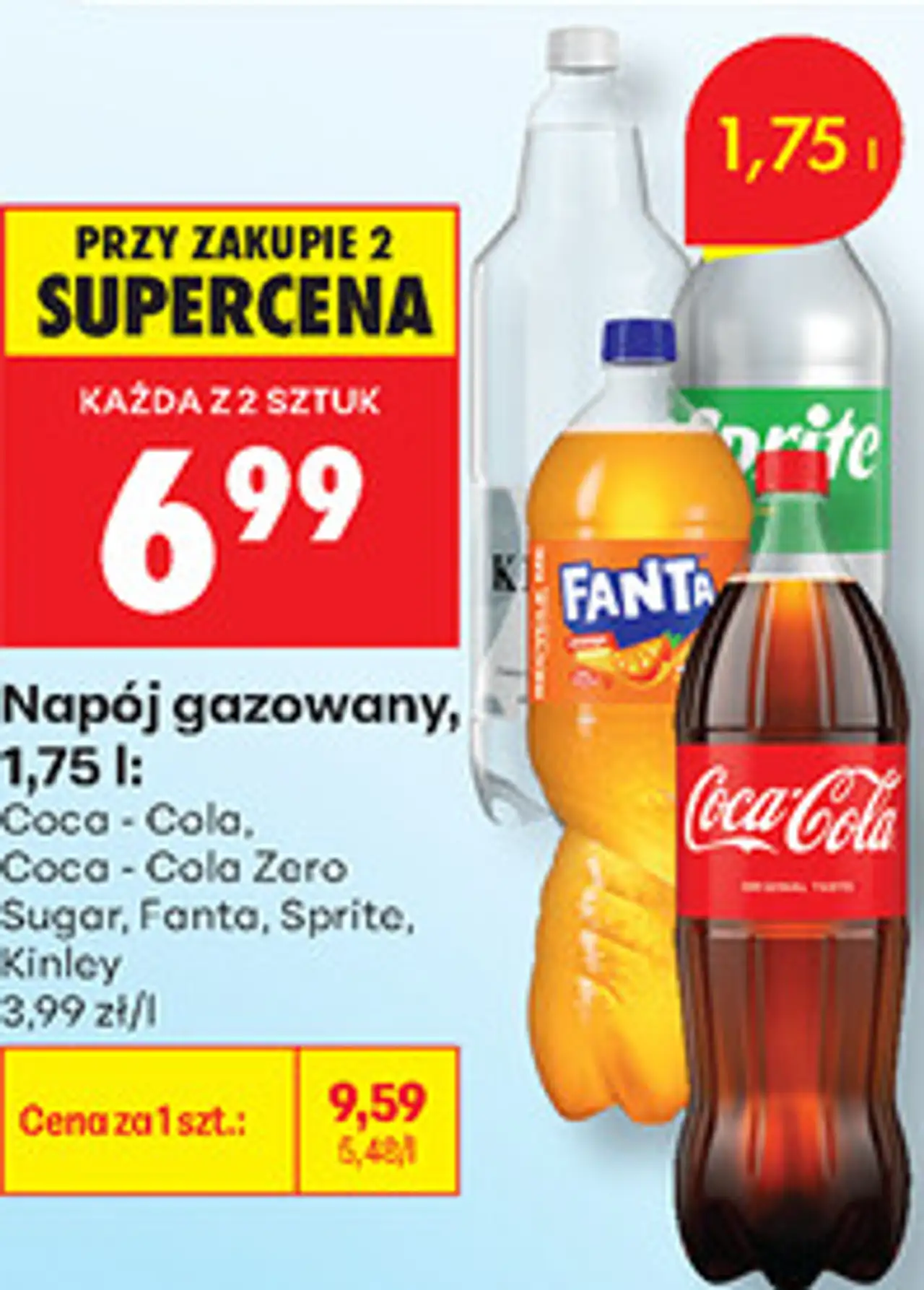 Napój gazowany Coca-Cola, Coca-Cola Zero Sugar, Fanta, Sprite, Kinley